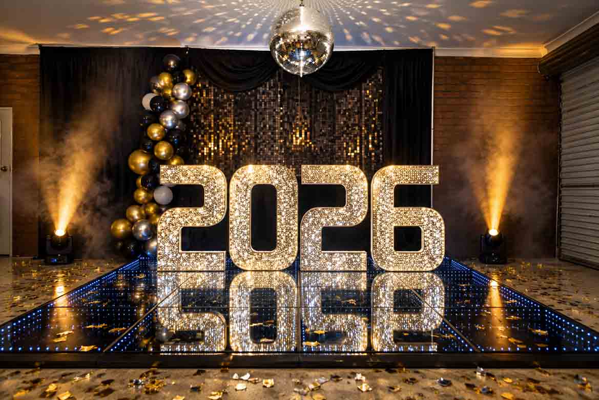 Black and gold event backdrop with illuminated numbers