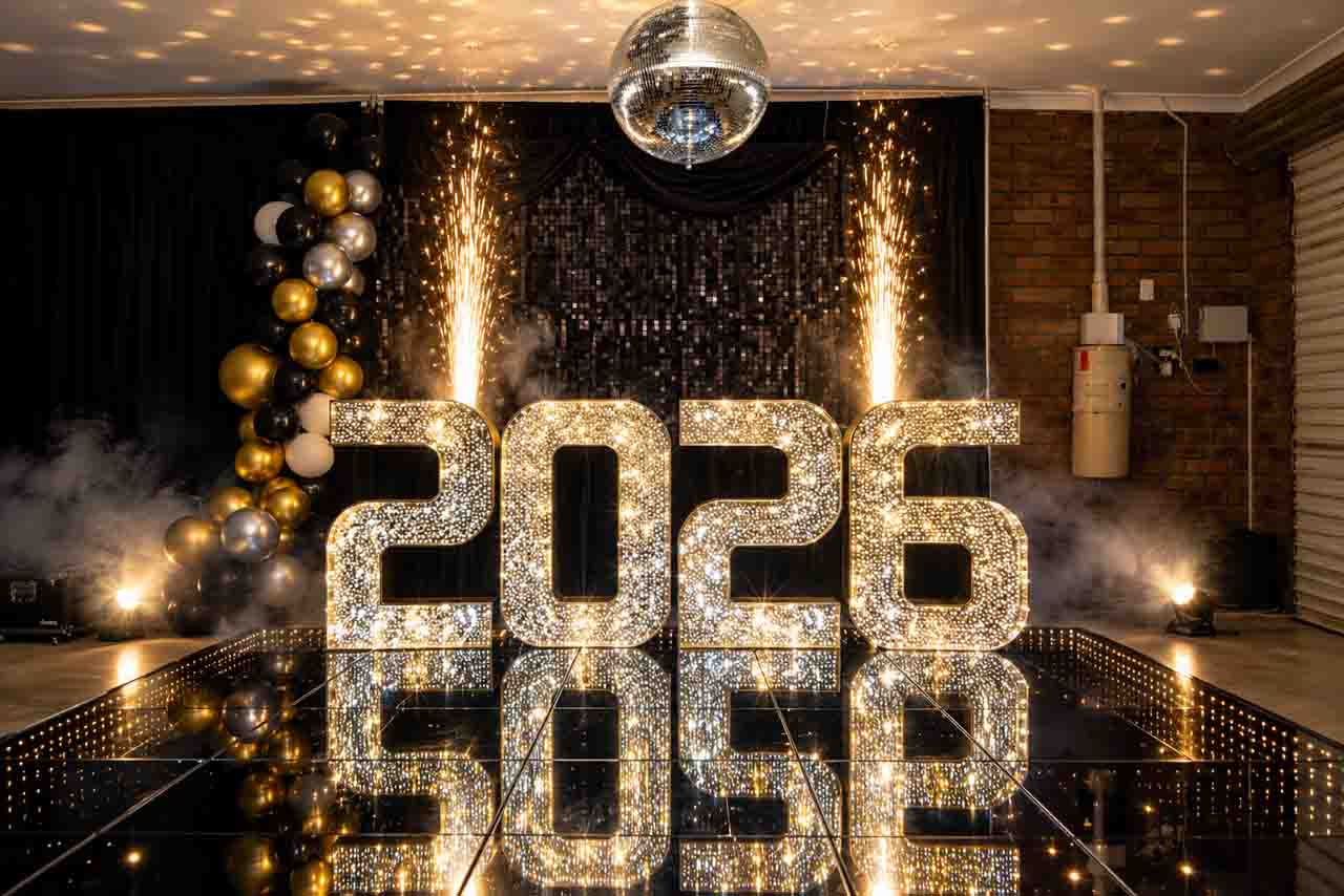 Gold themed illuminated event dance floor